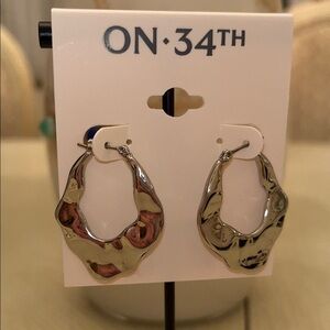 ON 34th  Shiny Silver Hoop Earrings hammered hoop flat NEW 1 1/2” long